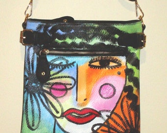 Colorful Abstract Art Hand Painted Faux Leather Crossbody Bag Purse Shoulder Bag Handbag