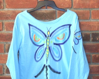 Made to Order Hand Painted Abstract Butterfly Raw Edge Long Sleeve T-shirt Wearable Art