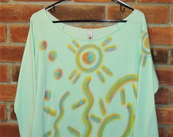 Abstract Art Hand Painted Off the Shoulder Raw Edge French Terry Top Size M One of a Kind