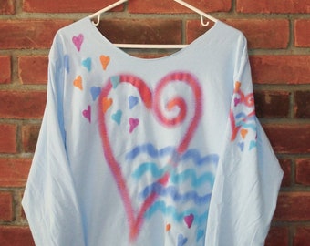 Made to Order Hand Painted Colorful Abstract Heart Raw Edge Long Sleeve T-shirt Top Wearable Art Artistic Clothing Boho Tops