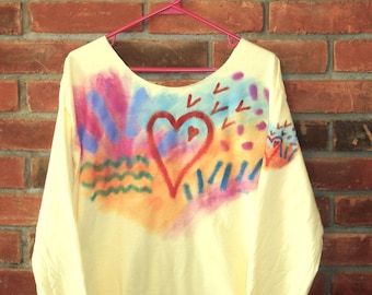 Made to Order Hand Painted Raw Edge Colorful Abstract Heart Long Sleeve T-shirt Top Wearable Art Art to Wear Artistic Tops Boho Clothing