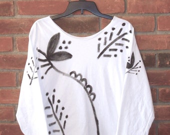 Made to Order Hand Painted Raw Edge T-shirt Top Shirt Funky Abstract Floral Wearable Art Art to Wear Boho Clothing Black and White