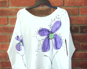 Made to Order Hand Painted Abstract Purple Flower Raw Edge Long Sleeve T-shirt Top Shirt Wearable Art Boho Clothing Artistic Clothing