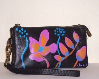 Abstract Floral Hand Painted Faux Leather Wristlet Clutch Bag Crossbody Purse Shoulder Bag