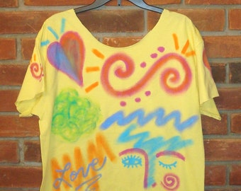 Made to Order Colorful Abstract Art Face Raw Edge Yellow Women's Short Sleeve T-shirt Top Shirt