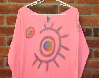 Abstract Sun Hand Painted French Terry Off the Shoulder Raw Edge Neckline Top Size M One of a Kind