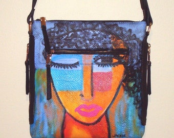 Original Abstract Art Hand Painted Faux Leather Crossbody Bag Handbag Purse Shoulder Bag