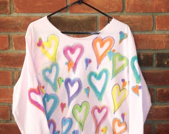 Made to Order Hand Painted Colorful Abstract Hearts Raw Edge Long Sleeve T-shirt Top Wearable Art Artistic Tops Boho tops