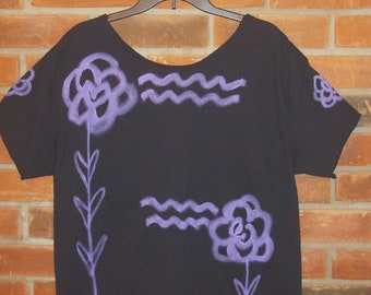 Made to Order Funky Hand Painted Abstract Purple Flowers Raw Edge Women's T-shirt Top Shirt