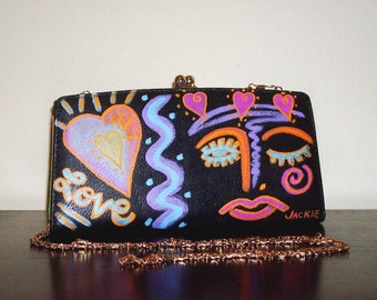 Hand Painted Abstract Art Graffiti Faux Leather Kiss Lock Clutch Bag Purse Chain Strap Shoulder Bag Crossbody Purse