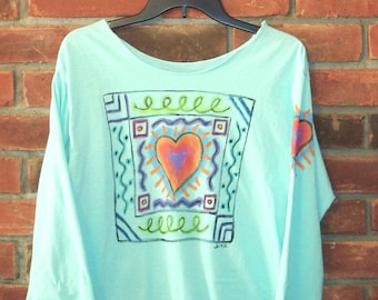 Made to Order Hand Painted Colorful Abstract Heart Raw Edge Long Sleeve T-shirt Top Wearable Art Artistic Tops Boho Clothing