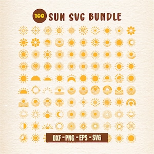 May include: A collection of 100 sun-themed SVG designs in various styles, including floral, geometric, and celestial. The designs are in shades of yellow and orange, with the text "SUN SVG BUNDLE" at the top and file type options at the bottom.