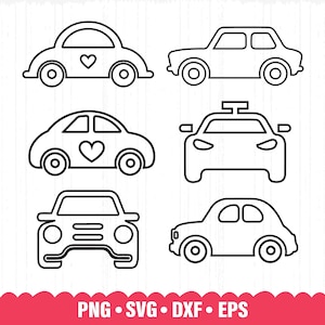 Könnte beinhalten: Ein Satz von sechs Schwarzweiß-Outline-Illustrationen verschiedener Autotypen. Die Autos sind alle nach vorne gerichtet und haben einfache Designs. Die Illustrationen eignen sich perfekt für die Verwendung in Bastelarbeiten, Scrapbooking oder digitalem Design.