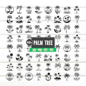 May include: A collection of over 65 black palm tree designs in various styles. The designs include palm trees with suns, waves, and islands. The image also includes the text "PALM TREE" and file type information.