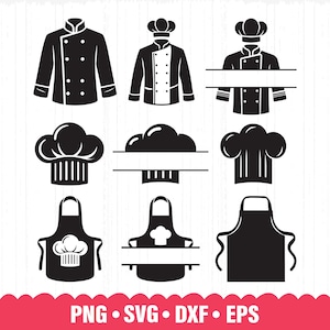 May include: A set of black and white SVG cut files for a chef hat, apron, and chef jacket. The files include a blank space for personalization. The text "PNG - SVG - DXF - EPS" is at the bottom of the image.