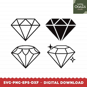 May include: A digital collection of four distinct black diamond icons on a white background. The set includes a line-art diamond, a solid black silhouette diamond, a rounded diamond shape, and a diamond with four-pointed star sparkles.