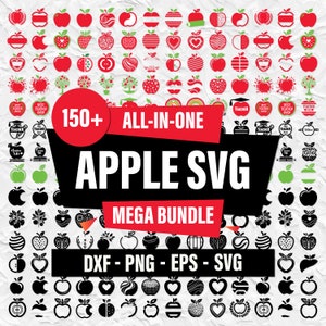 May include: A digital download of 150+ apple SVG files in a mega bundle. The bundle includes a variety of apple designs, including red, green, and black apples, as well as apples with different patterns and textures. The text "150+ ALL-IN-ONE APPLE SVG MEGA BUNDLE DXF - PNG - EPS - SVG" is displayed on the image.