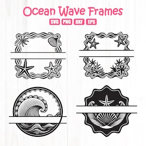 Può includere: File di taglio SVG a tema oceano in bianco e nero con vari design di cornici. I design includono stelle marine, conchiglie, palme e motivi a onde. Il testo "Ocean Wave Frames" è visualizzato in rosa nella parte superiore.
