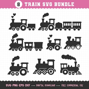 Puede incluir: Una colección de ocho siluetas de trenes negros en varios diseños. Algunos trenes tienen humo en forma de corazón y otros tienen varios vagones. El texto "8 TRAIN SVG BUNDLE" está en la parte superior, con "SVG-PNG-EPS-DXF ... DIGITAL DOWNLOAD ... FREE COMMERCIAL USE" en la parte inferior.