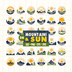 May include: A set of 36 mountain and sun themed digital clipart images. The images are in a circular shape and feature various combinations of mountains, suns, trees, and clouds. The text "MOUNTAIN! & SUN" is displayed in a distressed font style.