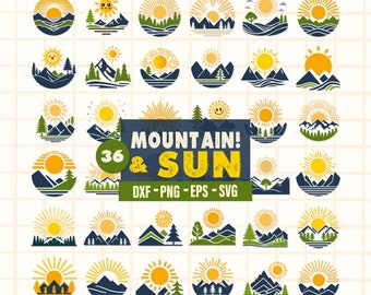 Imágenes prediseñadas de montaña y sol, montañas y sol, árboles y sol SVG, archivo SVG de montaña, fase lunar SVG, montaña PNG, sol SVG, descarga instantánea