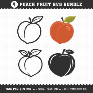 Puede incluir: Un paquete de arte digital con cuatro ilustraciones de melocotones. Los diseños incluyen un contorno negro, un melocotón a color, un segundo contorno negro y un melocotón negro sólido. El texto en la parte superior dice "4 PEACH FRUIT SVG BUNDLE".