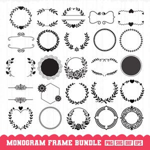 Könnte beinhalten: Ein Set mit 24 schwarzen und weißen Monogrammrahmen mit verschiedenen Designs, darunter Kränze, Herzen und geometrische Formen. Die Rahmen sind perfekt, um Ihren Projekten eine persönliche Note zu verleihen.