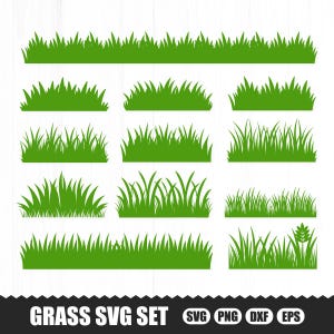 May include: A collection of green grass silhouettes in various shapes and sizes. The image includes a long, straight line of grass, several clumps, and individual blades. The text "GRASS SVG SET" is at the bottom, along with file type icons.