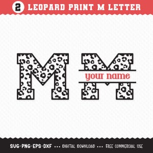 Op de afbeelding: Twee zwart-witte luipaardprint letter "M" ontwerpen. Eén efficiëel letter "M" en één met een horizontale lijn voor een naam. De tekst "LEOPARD PRINT M LETTER" staat bovenaan. De onderste tekst luidt "DIGITAL DOWNLOAD ... FREE COMMERCIAL USE".