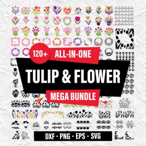 Bouquet de fleurs Svg, bouquet de tulipes SVG, bordure florale Svg, svg de fleurs sauvages, fleurs de printemps Svg, prairie de fleurs sauvages, tulipe SVG Bundle, tulipe SVG