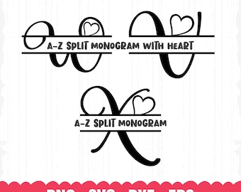 Split Monogram SVG with Heart, A-Z Letters (Digital Download)