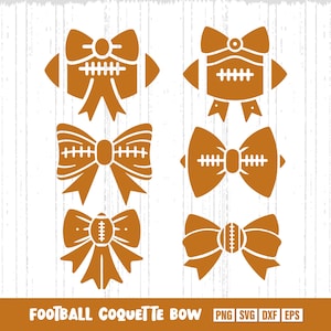 May include: Set of six digital cut files featuring a football shaped bow with stitching detail. The files are available in PNG, SVG, DXF, and EPS formats.  "Football Coquette Bow" is written at the bottom of the image.