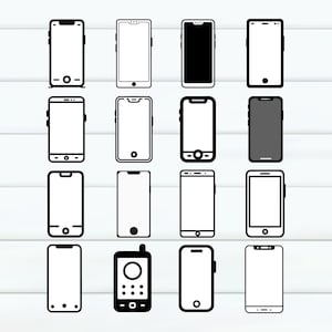 May include: A set of 15 black and white icons depicting different styles of mobile phones. The icons are arranged in a grid of 5 rows and 3 columns.