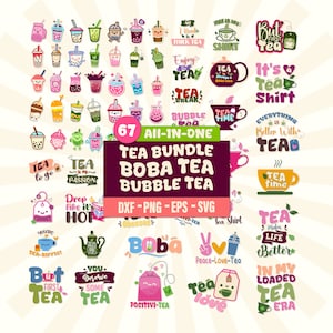Puede incluir: Un paquete digital de diseños coloridos con 67 ilustraciones de boba tea, bubble tea y frases relacionadas con el té. Los diseños incluyen personajes de dibujos animados lindos, tazas de té y bolsitas de té. El texto incluye frases como "Tea to go", "Drop like it's hot", "But first tea", "Tea time", y "Everything is better with tea".