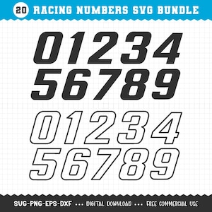 May include: A digital SVG bundle featuring racing numbers 0-9 in two styles: solid black and outlined. The text "20 RACING NUMBERS SVG BUNDLE" is at the top. The bottom text reads "SVG-PNG-EPS-DXF ... DIGITAL DOWNLOAD ... FREE COMMERCIAL USE."