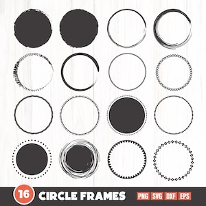 Puede incluir: Dieciséis marcos circulares negros en varios estilos, incluyendo rellenos sólidos, trazos de pincel y bordes decorativos. La imagen incluye el texto "16 CIRCLE FRAMES" e iconos de tipo de archivo para PNG, SVG, DXF y EPS.