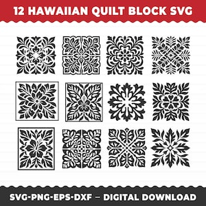 以下が含まれることがあります： 白黒の12種類のハワイアンキルトブロックデザインのデジタルコレクション。画像には、グリッド状に配置された様々な対称的な花や葉の模様が描かれており、上部に「12 HAWAIIAN QUILT BLOCK SVG」、下部に「SVG-PNG-EPS-DXF – DIGITAL DOWNLOAD」というテキストが表示されています。