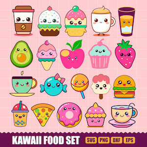 Kawaii Essen Clipart, Kawaii Essen SVG, Kawaii Essen Clipart, Kawaii Obst Clipart, Kawaii Süßigkeiten