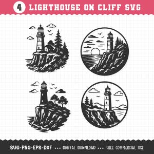 May include: Four black and white lighthouse designs on a white grid background. Each design features a lighthouse on a cliff with trees, birds, and clouds. The text "4 LIGHTHOUSE ON CLIFF SVG" is at the top. The bottom text reads "SVG-PNG-EPS-DXF ... DIGITAL DOWNLOAD ... FREE COMMERCIAL USE."