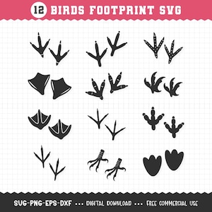 May include: A digital download graphic featuring 12 bird footprint SVG designs in black. The image includes various bird track illustrations, with text at the top reading "12 BIRDS FOOTPRINT SVG". The bottom text indicates file types and commercial use.