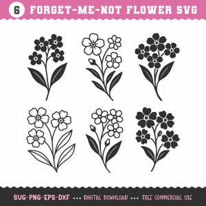 Op de afbeelding: Een digitale afbeelding met zes zwart-wit vergeet-mij-nietjes bloemontwerpen. Elk ontwerp toont een andere rangschikking van de bloemen, stelen en bladeren. De tekst "FORGET-ME-NOT FLOWER SVG" staat bovenaan.