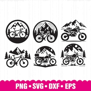 Fichiers coupés Svg de vélo de montagne, vélo de montagne, Svg de vélo, Svg de scène de montagne, vélo sur sentier Svg, Svg moto, montagne Svg, Clipart vélo vtt