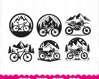 Paquete SVG de bicicleta de montaña y escena, clipart de motocicleta (6 archivos)