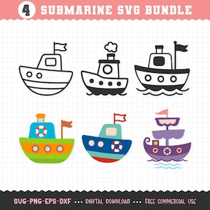 May include: A collection of six submarine illustrations in various styles and colors. The designs include outlines, solid black, and colorful versions with flags and life preservers. The text "4 SUBMARINE SVG BUNDLE" is at the top.