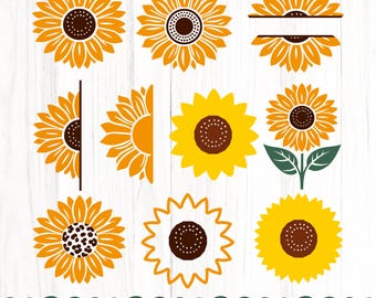 May include: Set of ten sunflower SVG cut files. The designs include a whole sunflower, a split sunflower, a sunflower with a split circle for text, a sunflower with a center filled with spots, and a sunflower with a white outline.