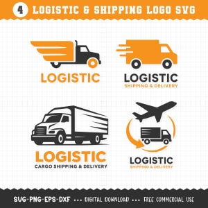 May include: A collection of four logistic and shipping logo designs in orange and black. The logos feature stylized trucks, a plane, and the word "LOGISTIC" with variations like "SHIPPING & DELIVERY" and "CARGO SHIPPING & DELIVERY". The text "DIGITAL DOWNLOAD" is also present.