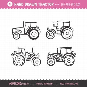 May include: Four black and white hand-drawn tractor designs. The tractors have varying wheel and body styles, with some featuring decorative swirls. The image includes the text "HAND DRAWN TRACTOR" and "#OUTLINEstudio".