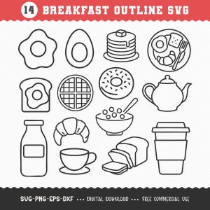 Puede incluir: Ilustraciones en blanco y negro de alimentos para el desayuno, incluyendo huevos, panqueques, tostadas, gofres, una rosquilla, una tetera, un tazón de cereal, un cruasán, una taza de café, pan, una botella de leche y una taza de café para llevar. El texto dice "14 BREAKFAST OUTLINE SVG".