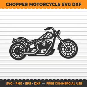 Może przedstawiać: Czarna grafika sylwetkowa motocykla typu chopper ze szczegółowym silnikiem, szprychowymi kołami i wzorem zbiornika paliwa. Tekst CHOPPER MOTORCYCLE SVG DXF znajduje się na górze, a SVG PNG EPS DXF FREE COMMERCIAL USE na dole obrazu.