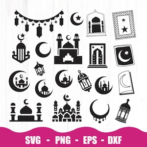 May include: A set of 20 black and white Islamic design elements, including crescent moons, stars, mosques, lanterns, and a prayer rug. These designs are perfect for creating crafts, scrapbooking, or digital projects.
